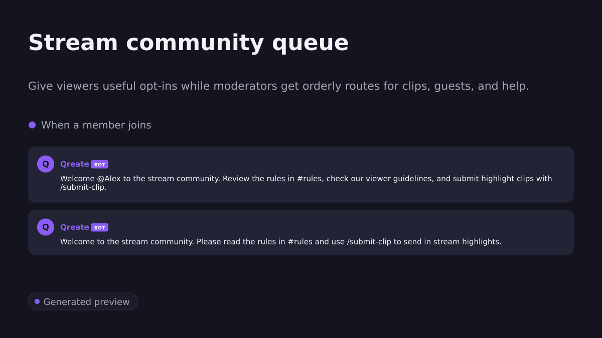 Stream community queue. Give viewers useful opt-ins while moderators get orderly routes for clips, guests, and help.. When a member joins
