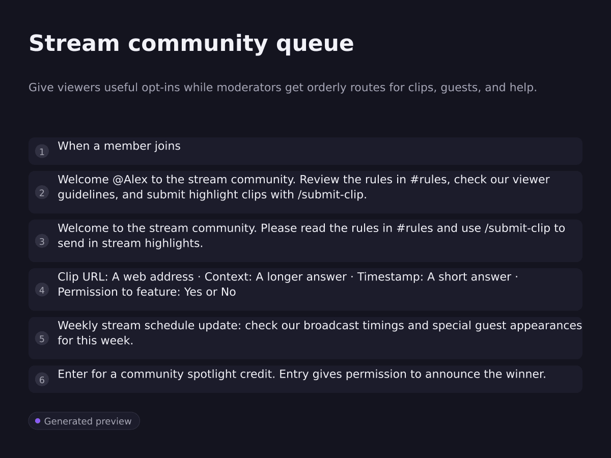 Stream community queue. Give viewers useful opt-ins while moderators get orderly routes for clips, guests, and help.. When a member joins