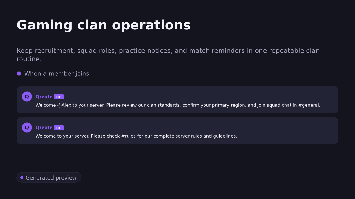 Gaming clan operations. Keep recruitment, squad roles, practice notices, and match reminders in one repeatable clan routine.. When a member joins