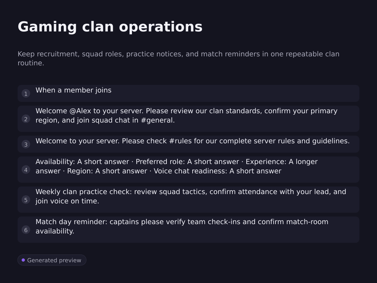 Gaming clan operations. Keep recruitment, squad roles, practice notices, and match reminders in one repeatable clan routine.. When a member joins