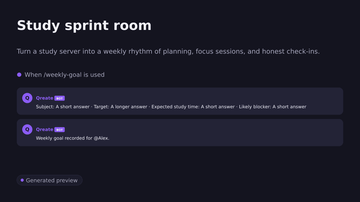 Study sprint room. Turn a study server into a weekly rhythm of planning, focus sessions, and honest check-ins.. When /weekly-goal is used