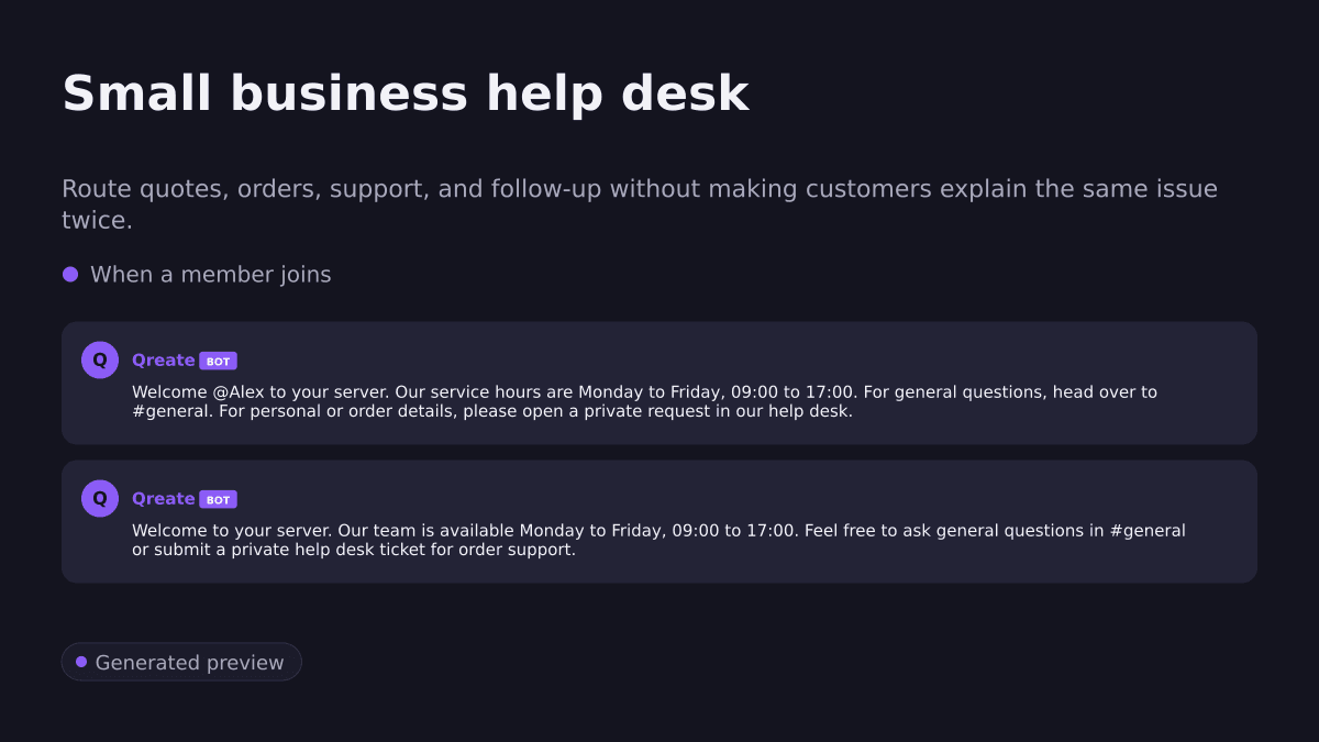 Small business help desk. Route quotes, orders, support, and follow-up without making customers explain the same issue twice.. When a member joins