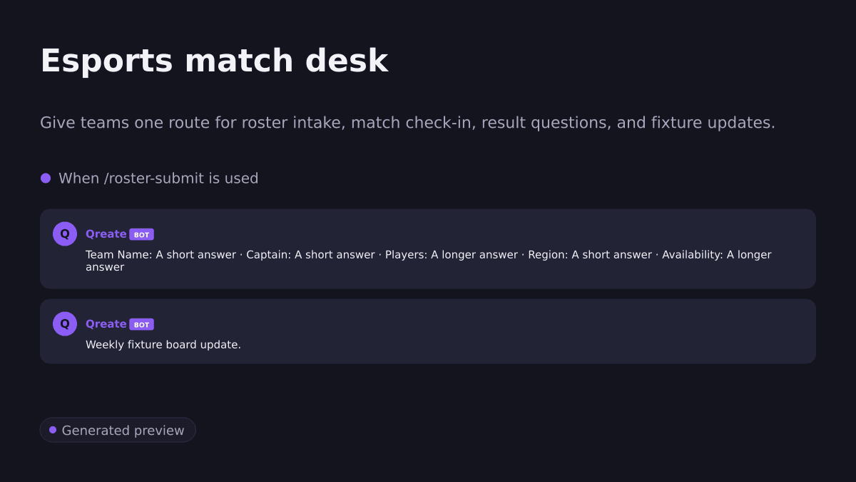 Esports match desk. Give teams one route for roster intake, match check-in, result questions, and fixture updates.. When /roster-submit is used