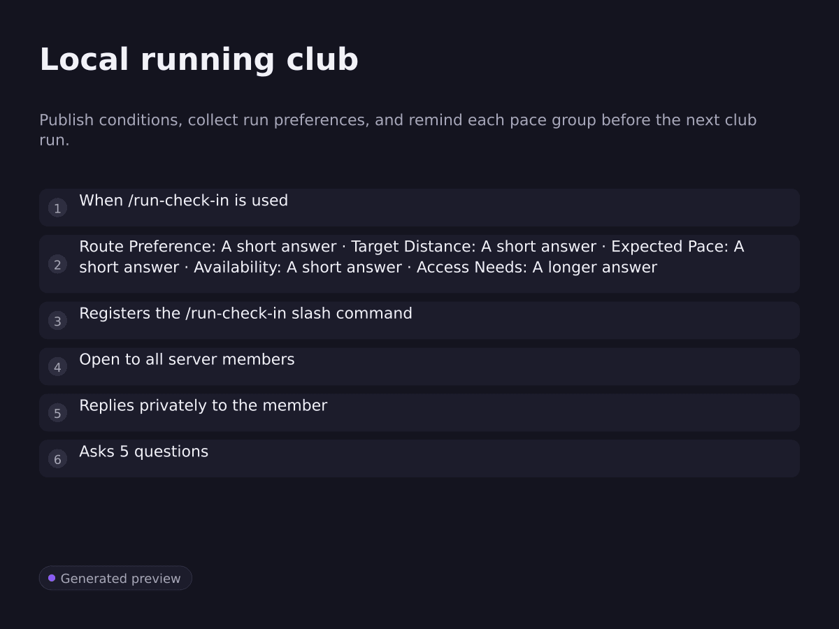 Local running club. Publish conditions, collect run preferences, and remind each pace group before the next club run.. When /run-check-in is used