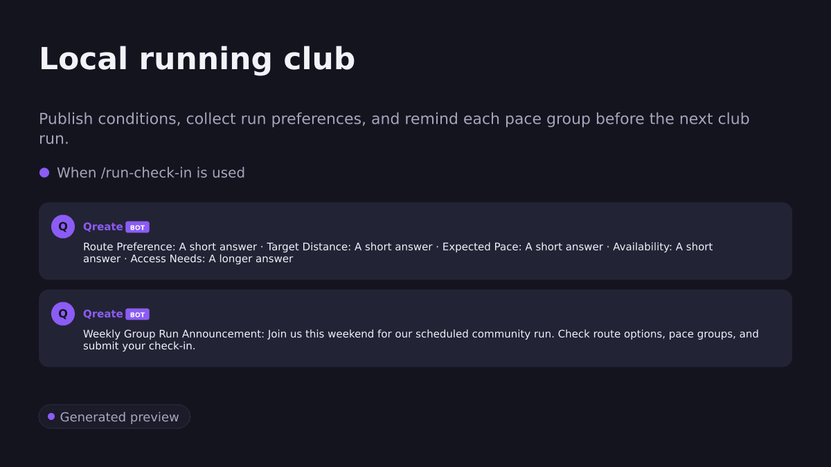 Local running club. Publish conditions, collect run preferences, and remind each pace group before the next club run.. When /run-check-in is used