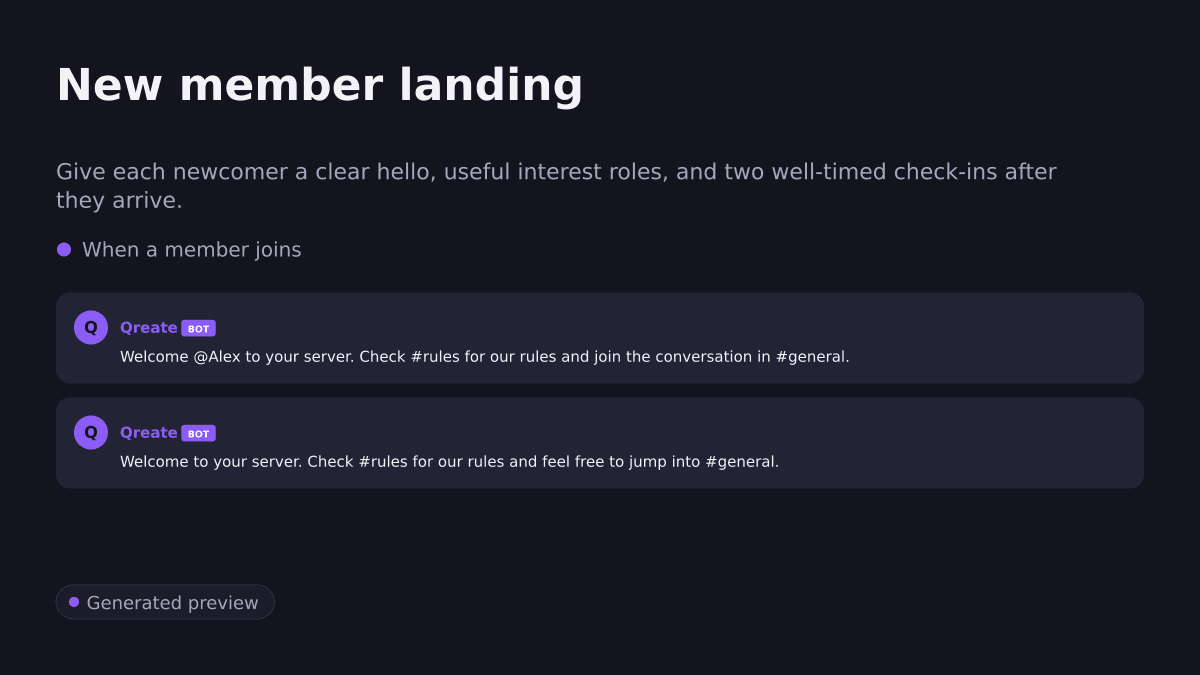 New member landing. Give each newcomer a clear hello, useful interest roles, and two well-timed check-ins after they arrive.. When a member joins