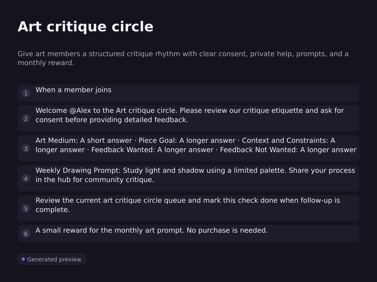 Art critique circle. Give art members a structured critique rhythm with clear consent, private help, prompts, and a monthly reward.. When a member joins