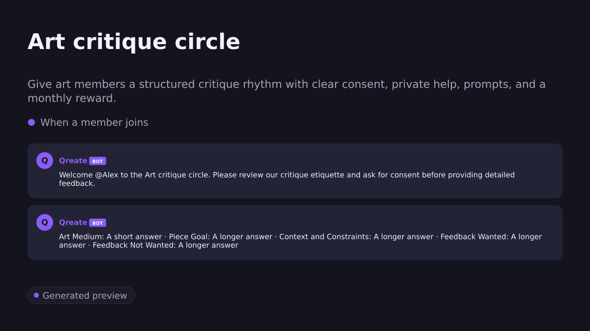 Art critique circle. Give art members a structured critique rhythm with clear consent, private help, prompts, and a monthly reward.. When a member joins