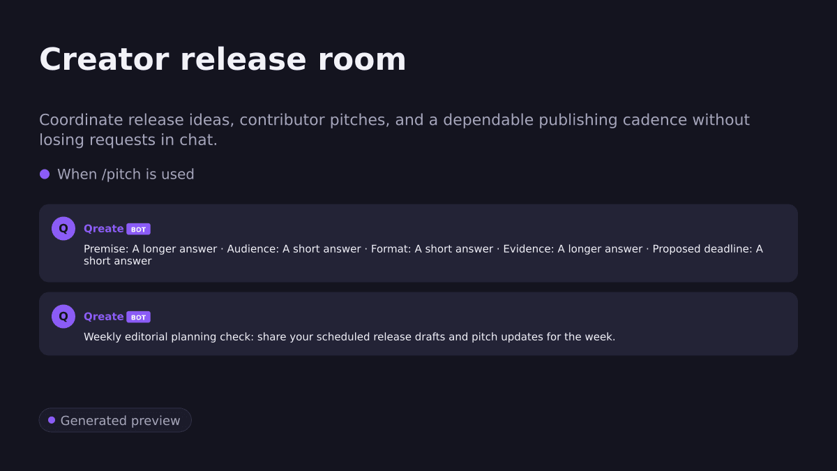 Creator release room. Coordinate release ideas, contributor pitches, and a dependable publishing cadence without losing requests in chat.. When /pitch is used